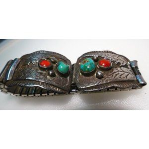 Older Vintage Native American Silver Turquoise Coral Watch Tips Unique Leaves